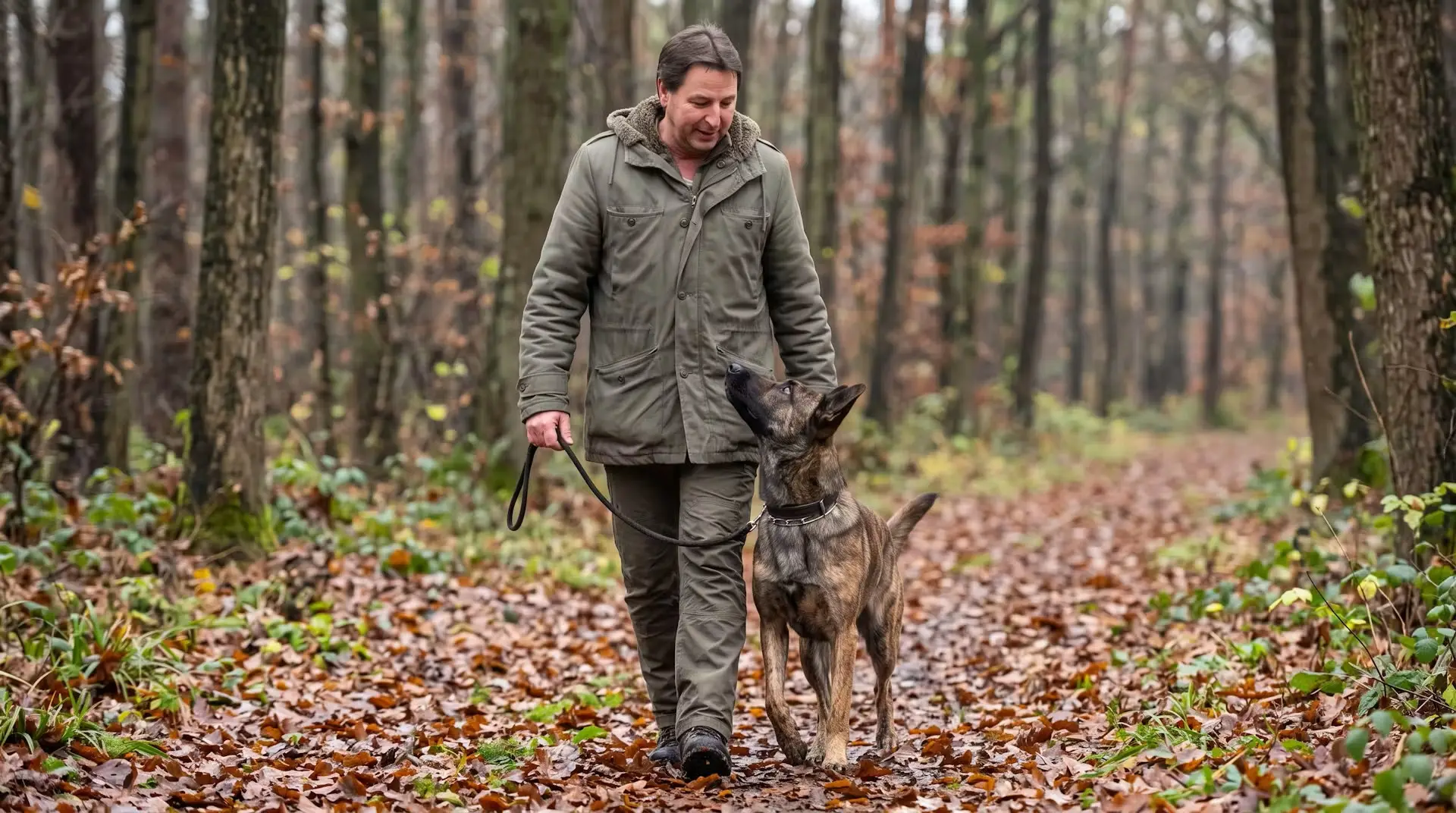 Thorsten Lapsit geht mit einem Hund aufmerksam durch den Wald