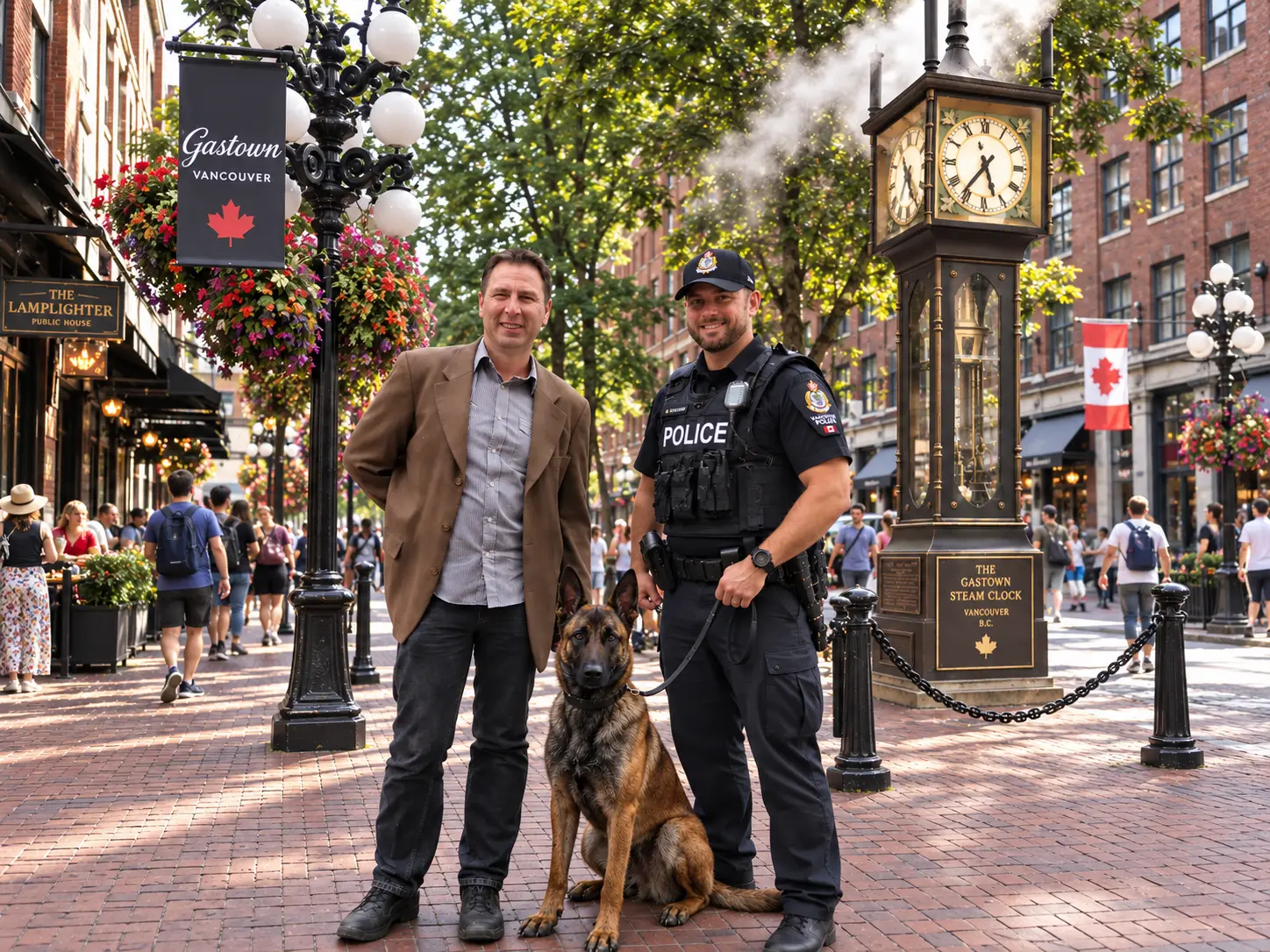 Thorsten Lapsit mit einem kanadischen Polizeikollegen und Hund in Gastown in Vancouver