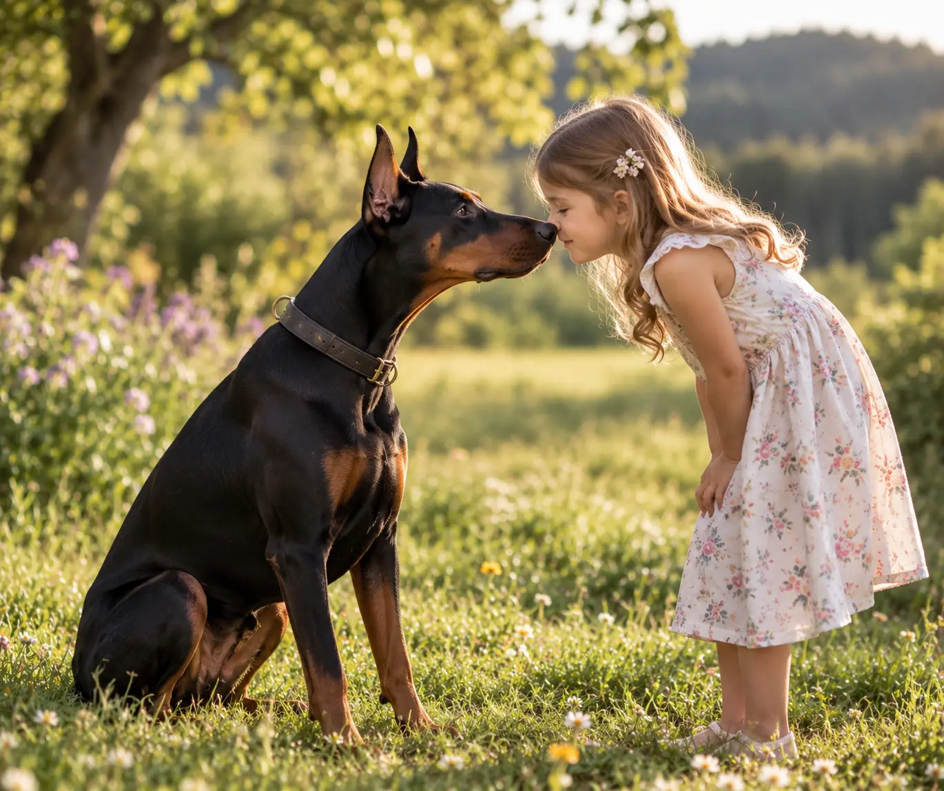 Ein Mädchen und ein Hund begegnen sich ruhig und aufmerksam auf einer Wiese