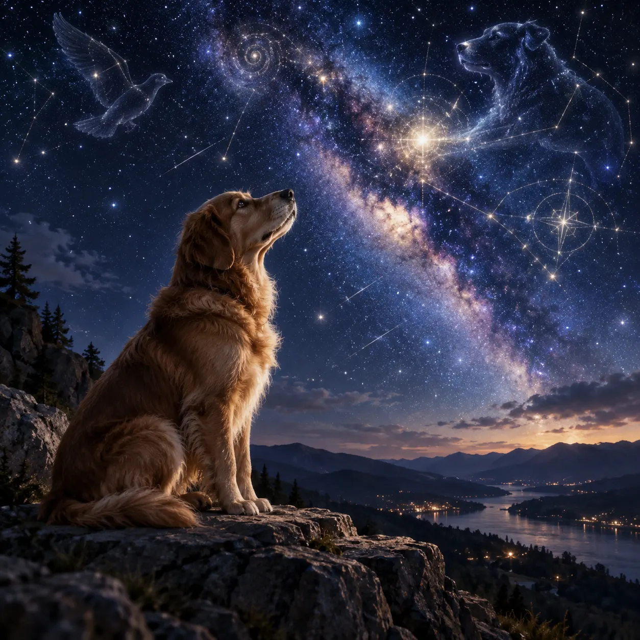 Hund unter einem nächtlichen Sternenhimmel