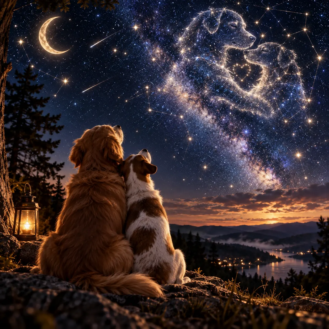 Zwei Hunde unter einem nächtlichen Sternenhimmel