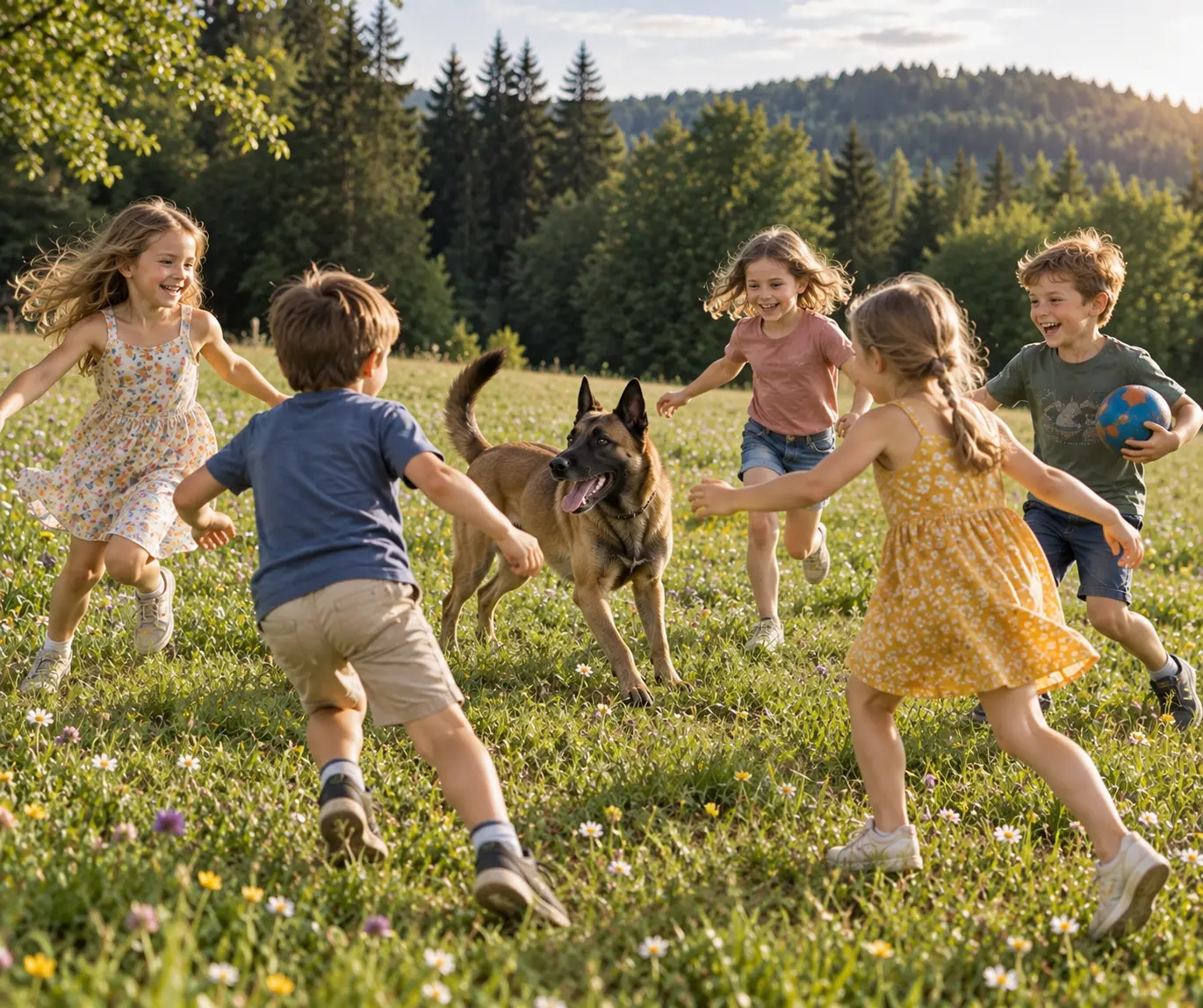 Kinder spielen und laufen auf einer Wiese gemeinsam mit einem Hund