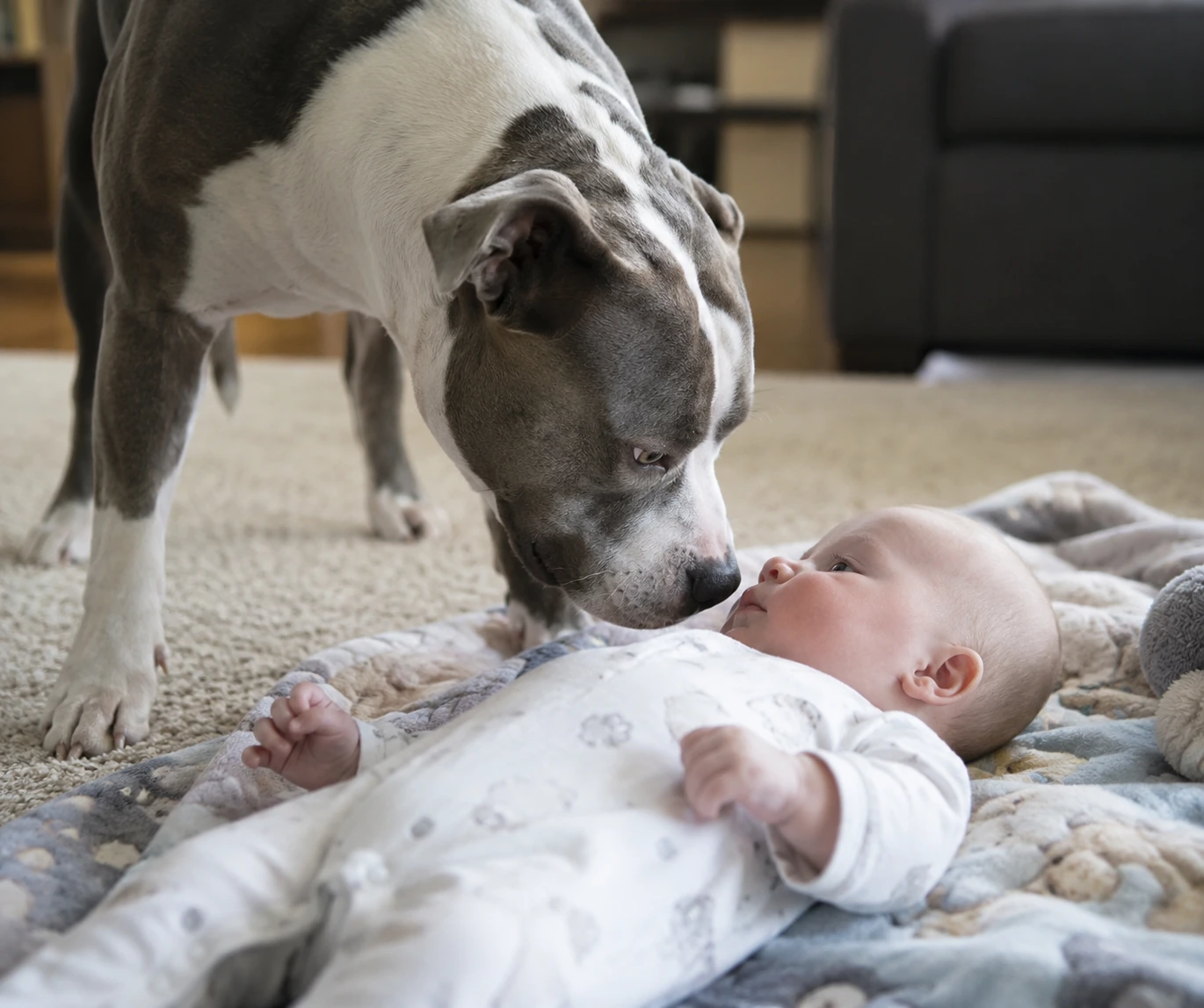 Ein Hund nähert sich ruhig einem auf einer Decke liegenden Baby