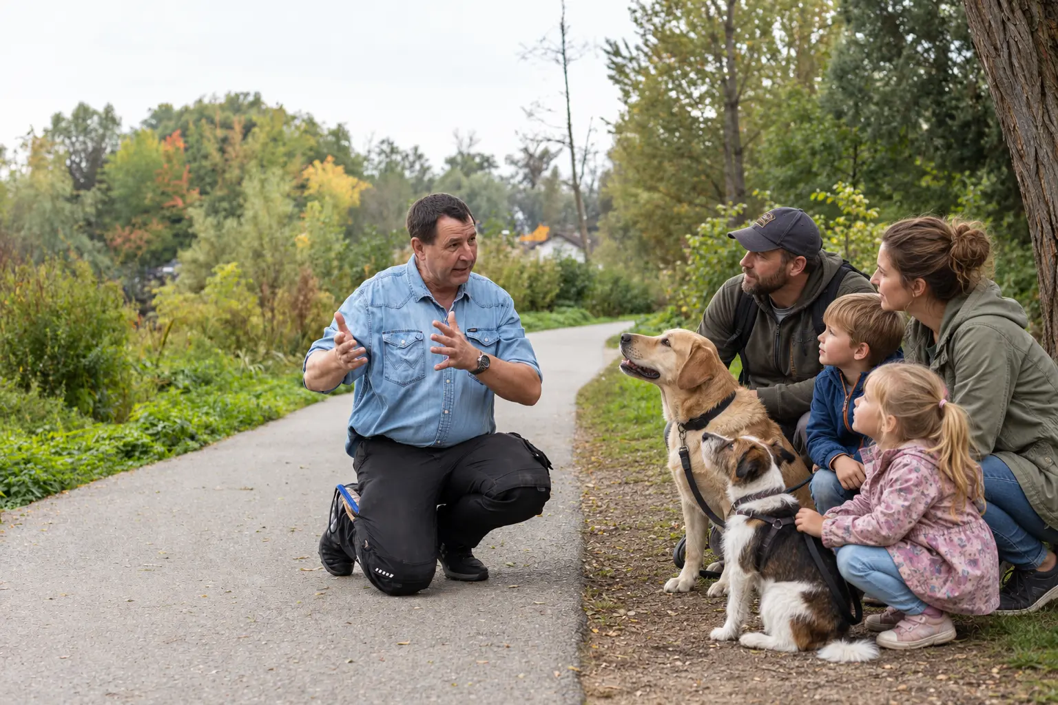 Hundetrainer Thorsten Lapsit im Gespräch mit einer Familie mit Kindern und ihren Hunden